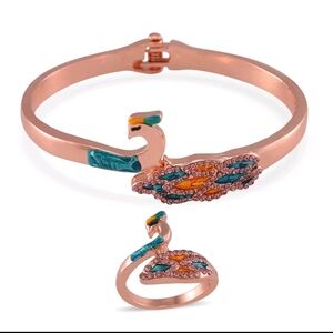 Pink Austrian Crystal Bypass Peacock Bangle (6.75 In) and Ring Set in Rosetone